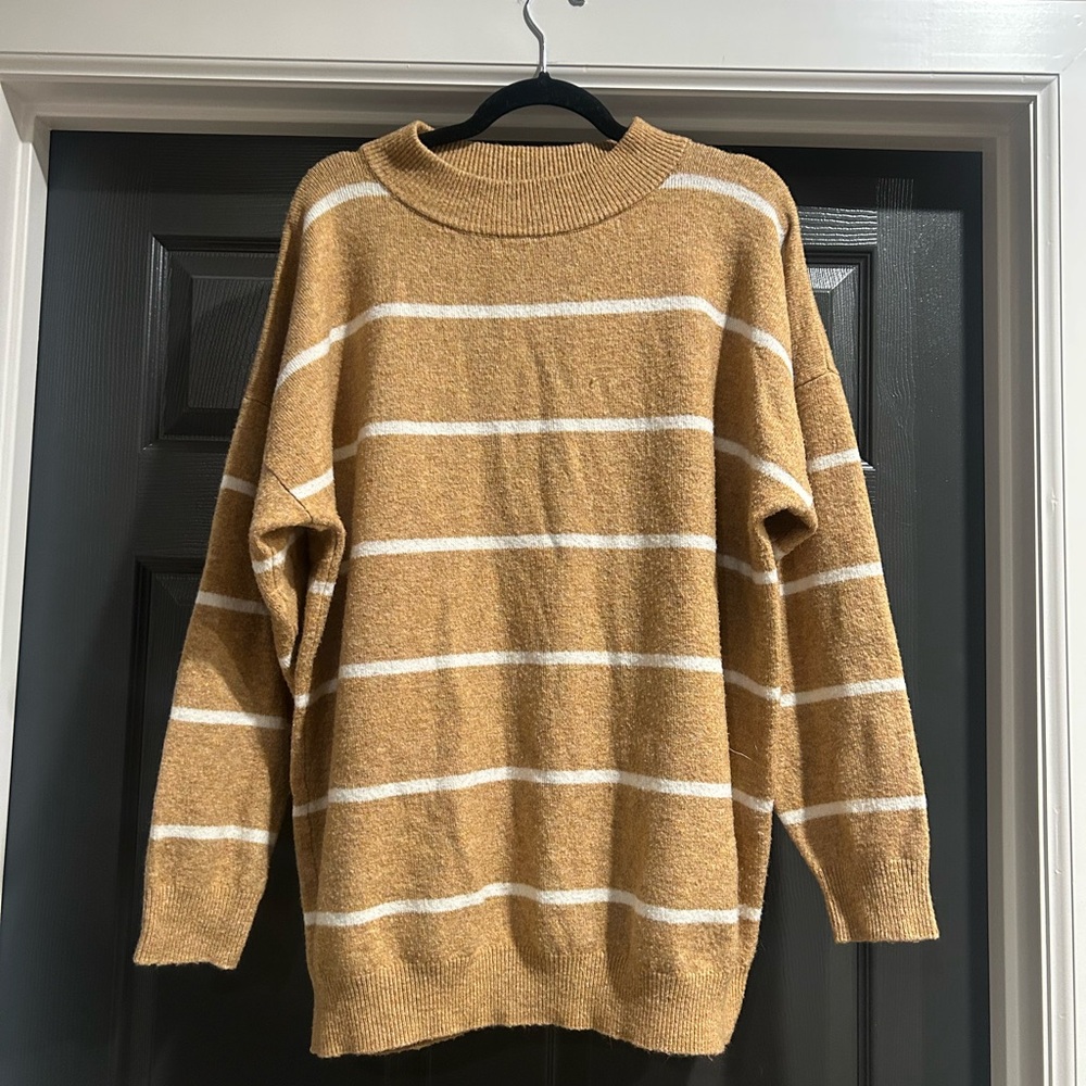 a new day Women's Mustard and White Striped Crewneck Sweater
